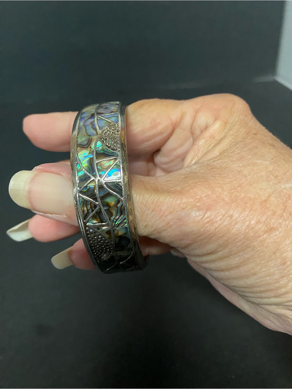 Abalone Inlay Silver-Tone Bangle Bracelet - Iridescent Green